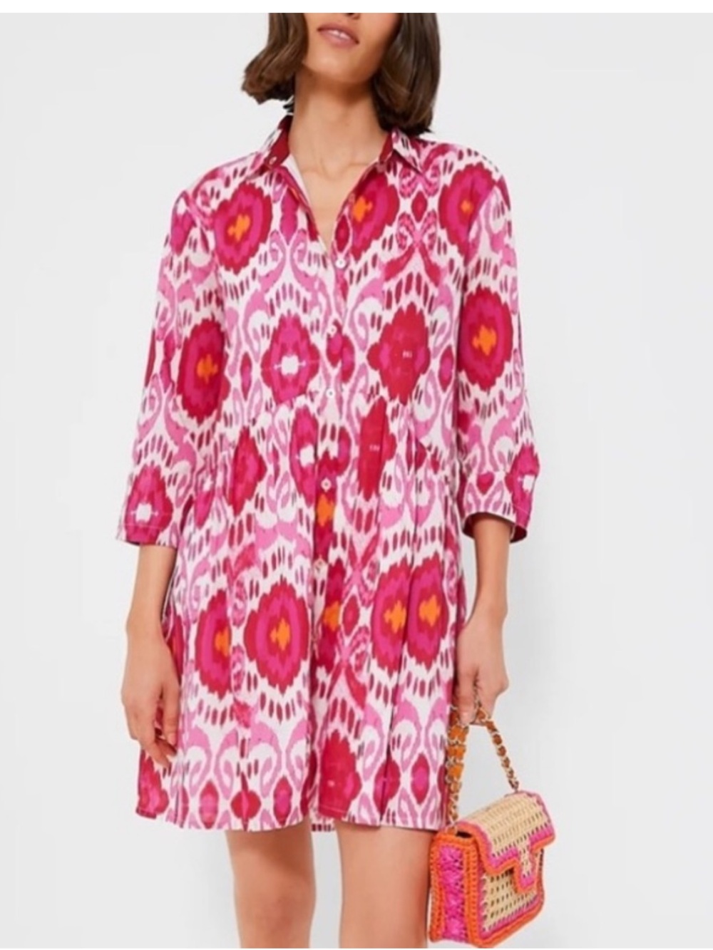 Ro's Garden Magenta June Deauville Pink Ikat Print Cotton Mini Dress - Medium